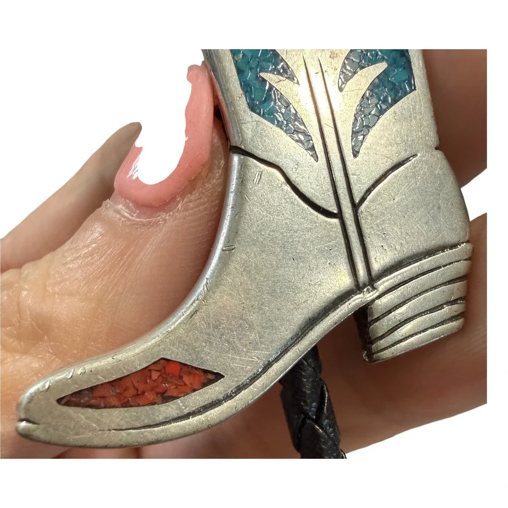 EGE Vintage Western Bolo Tie Cowboy Boot‎ Turquoise Inlay Silver Tone Black Cord